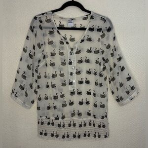 Vero Moda Black and White Sheer Blouse with Black Swan Design Size Large.